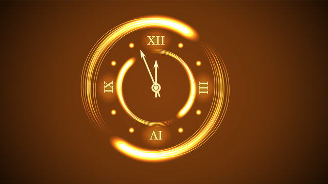 Magic gold clock countdown five minute time. Happy New Year background. Golden decoration for Christmas card, greeting. Shiny sparkle night design. Symbol of wish, celebration. Vector illustration