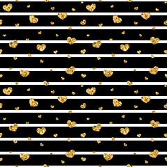 Gold heart seamless pattern. Black-white geometric stripes, golden confetti-hearts. Symbol of love, Valentine day holiday. Design wallpaper, background, fabric texture. Vector illustration