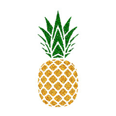 Pineapple golden with green leaf. Tropical gold exotic fruit, isolated white background. Symbol of organic food, summer, vitamin, healthy. Nature logo. Design element silhouette Vector illustration