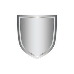 Silver shield shape icon. 3D gray emblem sign isolated on white background. Symbol of security, power, protection. Badge shape shield graphic design. Vector illustration