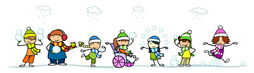 Kinder werfen Schneeball im Schnee im Winter