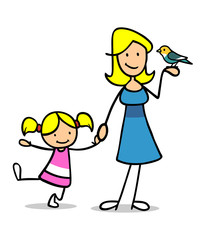 Mutter und Tochter mit Vogel als Haustier