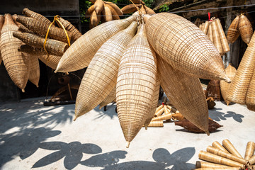 traditional bamboo fish trap or weave at the old traditional house

