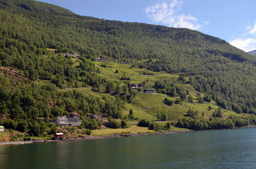 Naklejka na ściany i meble Mountains and fjord. Norwegian nature. Sognefjord. Flam, Norway 