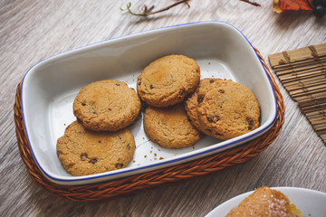 Chocolate cookies in a basket.