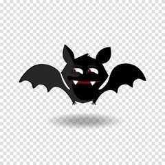 Kawaii cartoon bat with fangs and red eyes on transparent background.
