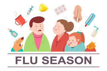 Cold and flu season vector cartoon illustration. Sick family with cat, dog and medicine pills and food. Ill people character isolated on background.