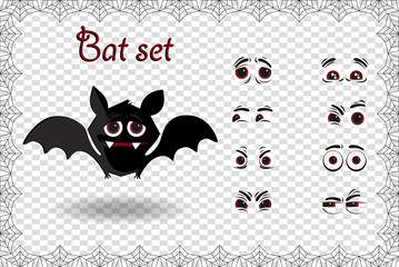 Halloween vector set of cute cartoon bat character creating isolated on transparent.