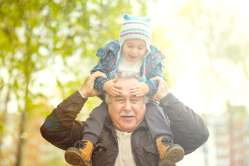 Playful grandfather spending time with his grandson in park on sunny day