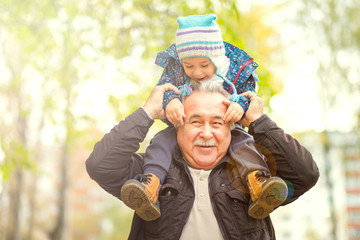 Playful grandfather spending time with his grandson in park on sunny day