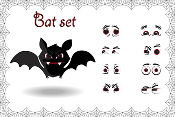 Halloween vector set of cute cartoon bat character for creation emotions on white background