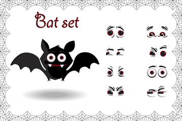 Halloween vector set of cute cartoon bat character for creation emotions on white background