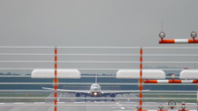 Widebody airplane braking after landing