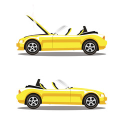 Obraz premium Vector set of broken cartoon yellow cabriolet sport car before and after crash isolated on white