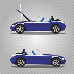 Obraz premium Vector set of broken cartoon navy blue cabriolet sport car before and after accident isolated