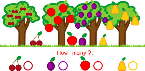 How many different fruits on trees. Counting educational game with different fruits for preschool kids