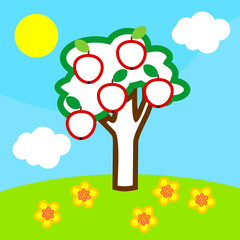 Coloring page. Cartoon summer landscape with apple tree with fruits, blue sky, white clouds and yellow sun