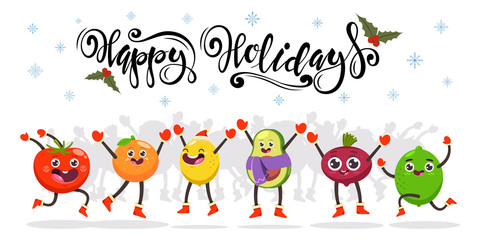 Cute jumping fruits and vegetables kids. Happy holidays hand drawn text. Vector cartoon funny food character. Christmas illustration isolated on a white background.