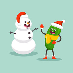 Snowman and Cucumber kid in Santa hat and scarf. Cute cartoon vegetable character. Winter Christmas holiday activities vector illuctration isolated on background.