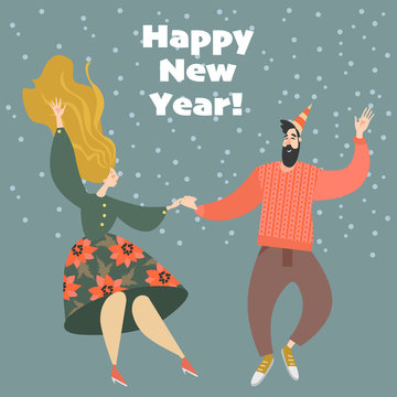 New Year greeting card. Couple at a party dancing lindy hop. Happy people celebrate the coming of the new year together