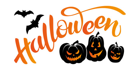 Vector banner with lettering Halloween, bats and pumpkins head jack lanterns.