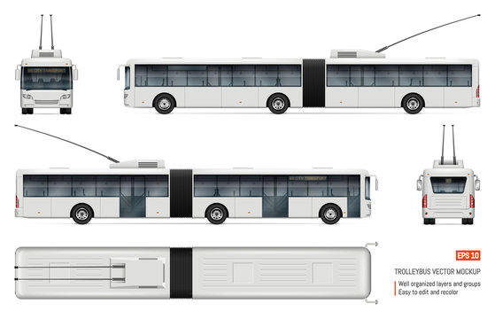 Articulated trolleybus vector mockup on white for vehicle branding, corporate identity. View from side, front, back, top. All elements in the groups on separate layers for easy editing and recolor.