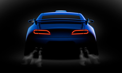 realistic blue sport car back view with unlocked rear lights in the dark