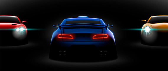 realistic red yellow blue three sport car view with unlocked headlights in the dark