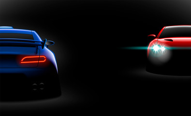 Obraz na płótnie Canvas realistic red blue two sport car view with unlocked headlights in the dark