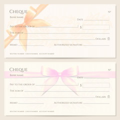 Check, Cheque (Chequebook template). Floral pattern with orange, pink bow, ribbon. Background for Gift Voucher, Gift certificate design, currency, Holiday bank note, Christmas Money coupon