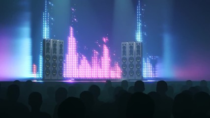 Silhouettes of a crowd of fans in front of empty stage or scene. Concert visuals