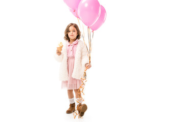 beautiful stylish child with pink air balloons and ice cream isolated on white