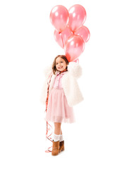 happy little child in stylish clothes with pink air balloons isolated on white