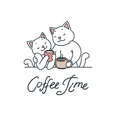 Coffee time. Illustration of cute white cats enjoying coffee isolated on white background. Vector illustration 8 EPS.