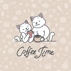 
Coffee time. Cute white cats enjoying coffee. Vector illustration 8 EPS.