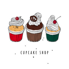 Cherry cupcake, chocolate muffin and raspberry cake. A set of hand drawn confectionery. Vector illustration.