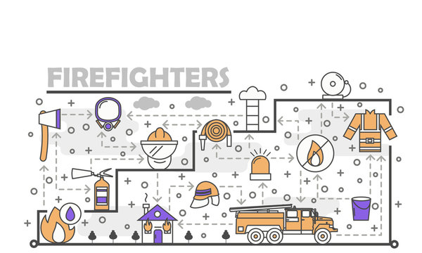 Vector thin line art firefighters poster banner template