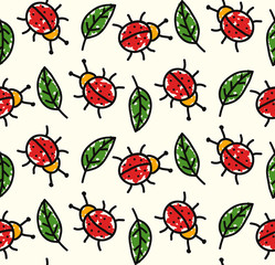 Ladybug and leaf childish colorful seamless vector pattern