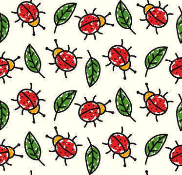 Ladybug and leaf childish colorful seamless vector pattern