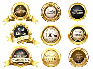 Realistic golden labels. Elegant best price banner, label with g