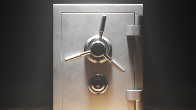 Steel safe filled with money. Opening door vault with stacked dollar bills.