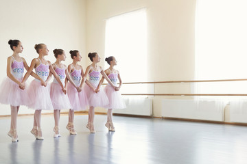 Obraz premium Ballerinas rehearsing dance of little swans in class