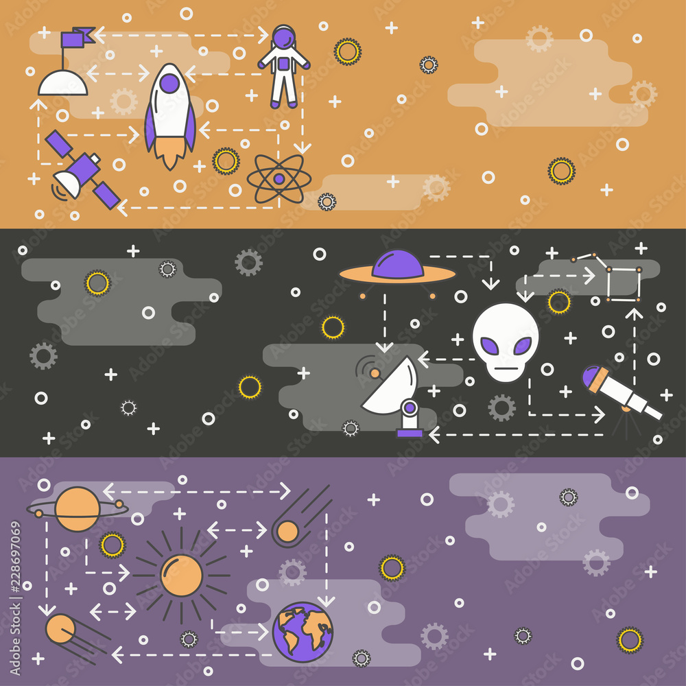 Poster vector thin line art space web banner template set