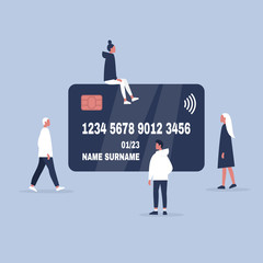 Fototapeta premium Millennial characters sitting and standing near by the plastic credit card. Finance. Money. Flat editable vector illustration, clip art