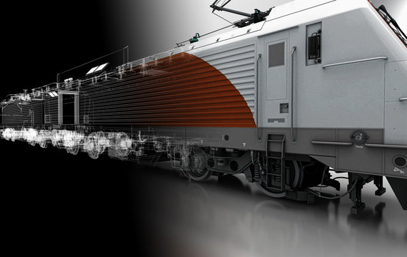 Motrice treno, tram, vagone ferroviario, illustrazione 3d