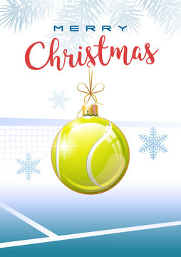 Merry Christmas. Sports greeting card. Realistic tennis ball in the shape of a Christmas ball. Vector illustration.