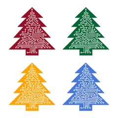 Электронная рождественская ёлка. Разноцветный набор, белый фон.