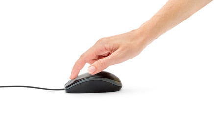 Woman's hand click on black computer mouse. Isolated on white.