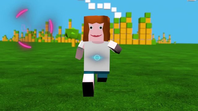 Online game avatar running through block game landscape