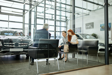 Sales agent at the table desk telling about car features to cheerful couple of customers at car...
